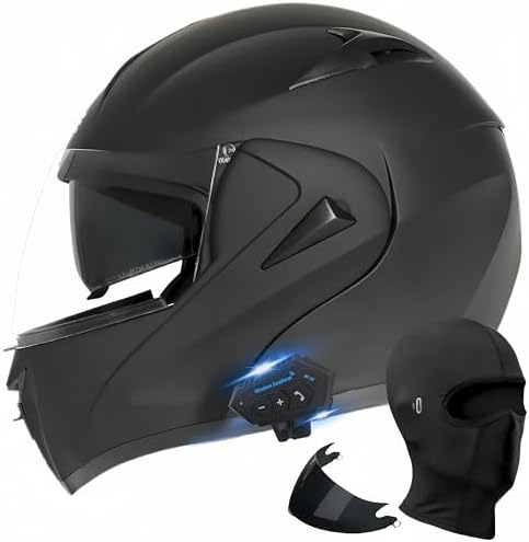 Motorcycle Bluetooth Modular Helmet, DOT Approved Dual Visor Full Face Flip Up Bluetooth Integrated Motorcycle Helmet for Adults Men and Women (Matte Black,Medium)