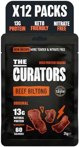 The Curators, Original Beef Biltong (12 X 25g pack), Nitrate Free, High Protein, Zero Carb, Low Calorie, Gluten Free, Prime Cuts of British & Irish Grass Fed Beef, Keto & GLP Friendly Savoury Snack