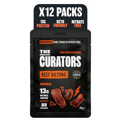 The Curators, Original Beef Biltong (12 X 25g pack), Nitrate Free, High Protein, Zero Carb, Low Calorie, Gluten Free, Prime Cuts of British & Irish Grass Fed Beef, Keto & GLP Friendly Savoury Snack