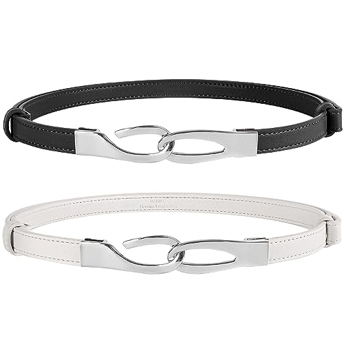 NPET Leather Skinny Women Belt for Jeans Dresses Pants Fashion Waist Belt for Dresses up to 37 Inches with Gold Buckle 2 Pack