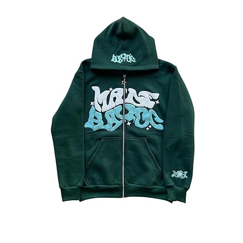 Hoodie con Cierre de Cremallera para Hombre con Graffiti de Letras Chaqueta de Moda Hip-Hop y Streetwear Sudadera con Capucha Versátil para Adolescentes y Adultos Casual Y2K(Green,S)