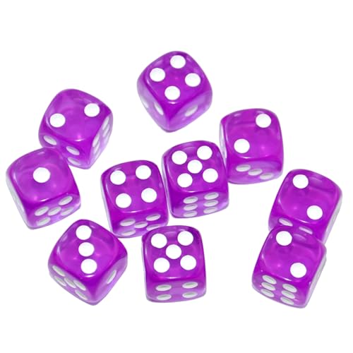 SmartDealsPro 10-Pack D6 Six Sided 16mm Transparent Dice Die for DND, MTG, RPG, Tenzi, Yahtze, Bunco, Table Borad Games, Math Teaching (Purple Translucent)
