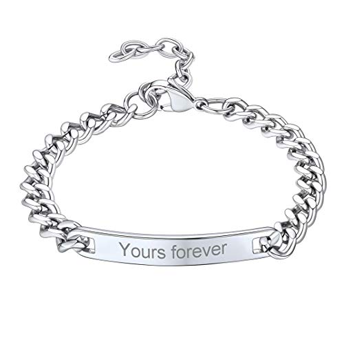 Gourmette Personnalisable Homme Grave Bracelet Gros Reglable Garcon Personnalisé Prénom Identie Chaine Epais Femme Cubaine ID Poignet Main Enfant Fille Argenté-7 mm 18 cm Cadeau Noel Mariage Cover