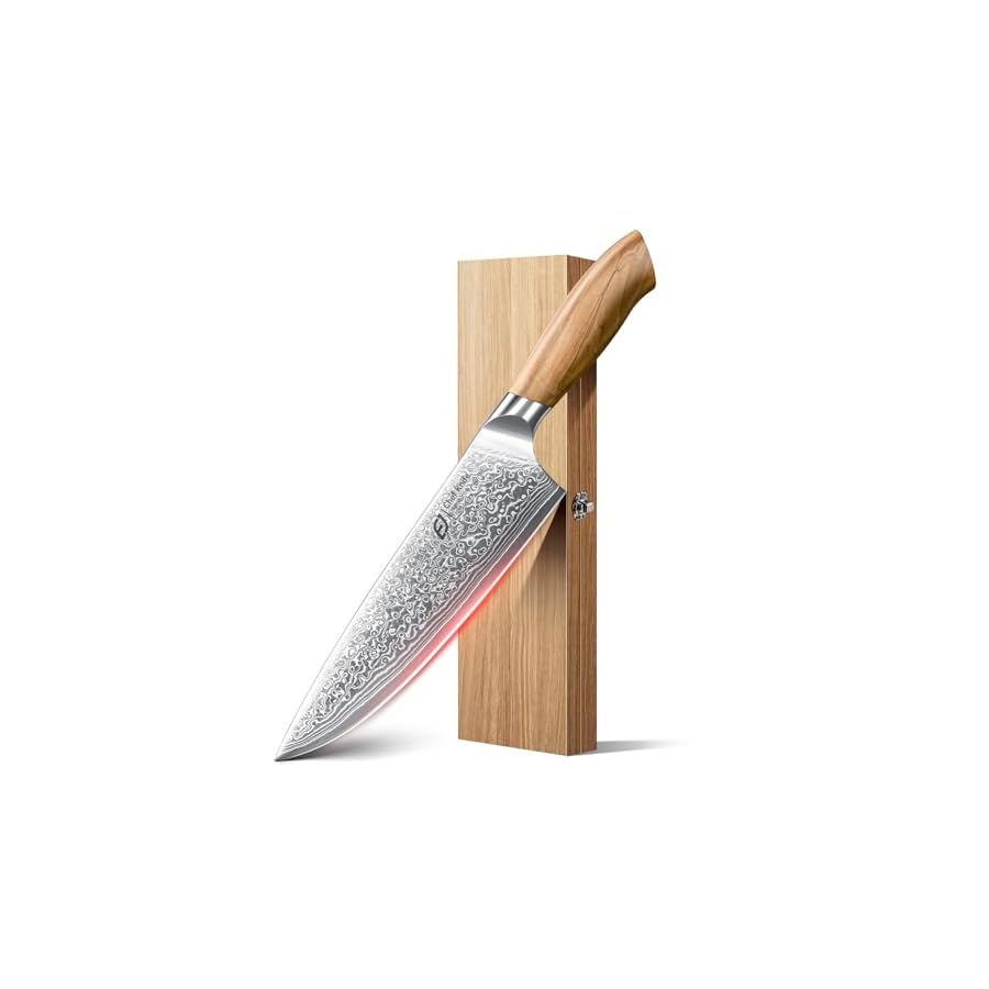 Emojoy Chef Knife 8-inch All Purpose, Japannese Steel, 67-Layers Damascus Knife with Original Olive Wood Handle, Include Wooden Gift Box