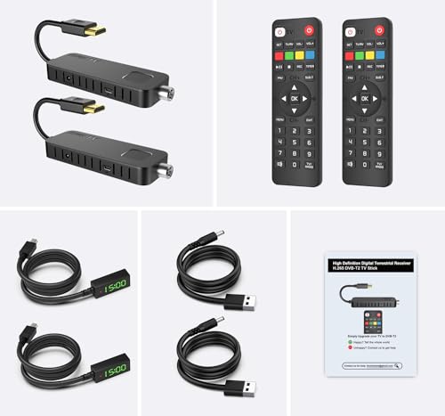 [2 Paquetes] Decodificador Digital terestre - Dcolor Decoder DVB-T2 HDMI TV Stick, Soporte Nueva señal H265 HEVC Main10 / PVR/HD 1080P / Multimedia/USB WiFi [Incluido 2 en 1 Mando a Distancia]