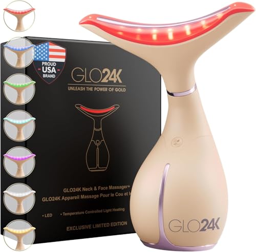GLO24K UNLEASH THE POWER OF GOLD GLO24K Red Light Face & Neck Beauty Device – 3-in-1 Facial Massager Tool with LED & Vibration for Skin Revitalization and Neck Firming