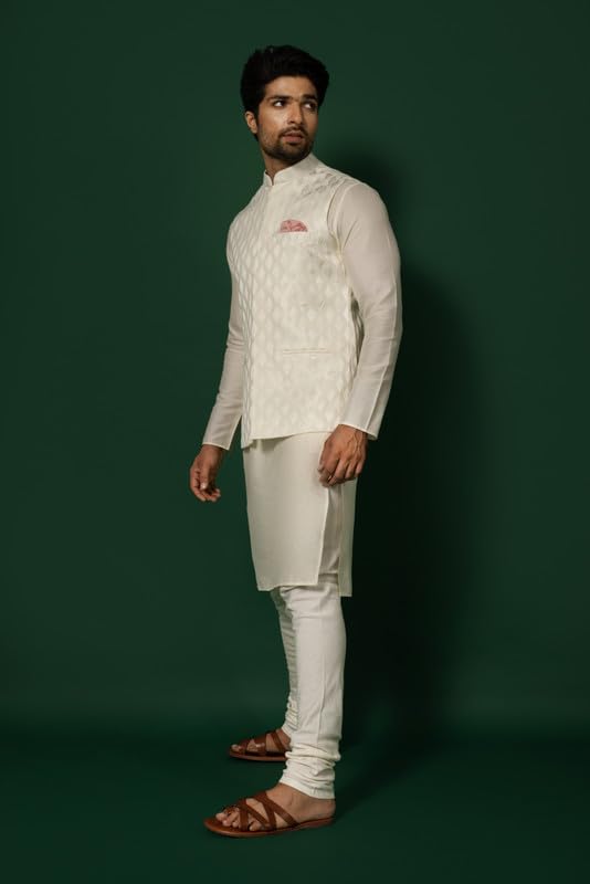 Image of KISAH Men Printed Kurta Jacket Set, Full Sleaves, Knee Length, Straight, Regular Fit, Mandarin Collar Ethnic Wear