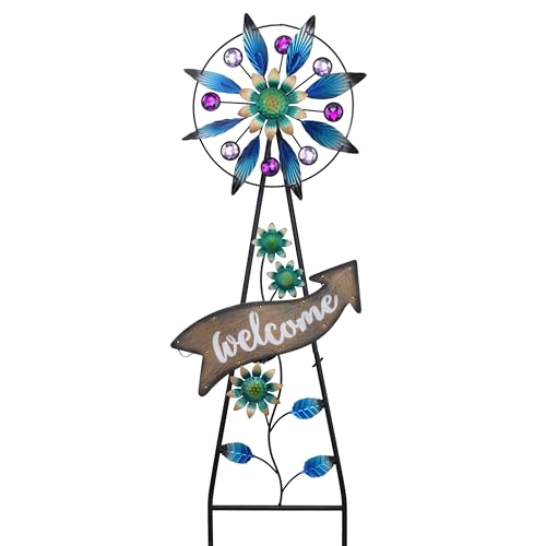 TERESA'S COLLECTIONS Garden Ornaments Outdoor, 66cm Metal Flower Garden Statue with Solar Light, Wind Spinners