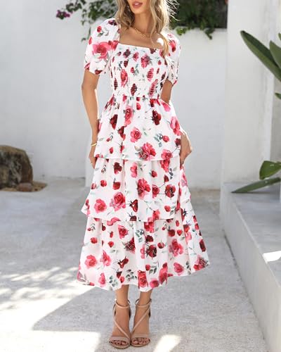 Image of BTFBM Womens Floral Smocked Summer Maxi Dresses | Square Neck Puff Short Sleeve Ruffle Tiered, 2026 Trendy Casual Sundress, Cruise Holiday Beach Vacation Wedding Guest Dress