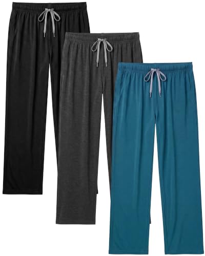 Image of 3 Pack Mens Cotton Pajamas Pants Lounge Pjs Bottoms Sleepwear Bottoms Soft Pants with Pockets Drawstring
