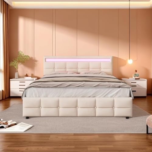 Letto Matrimoniale 160x200 Cm Con Cassetti E LED - Testiera Imbottita - Foto 5