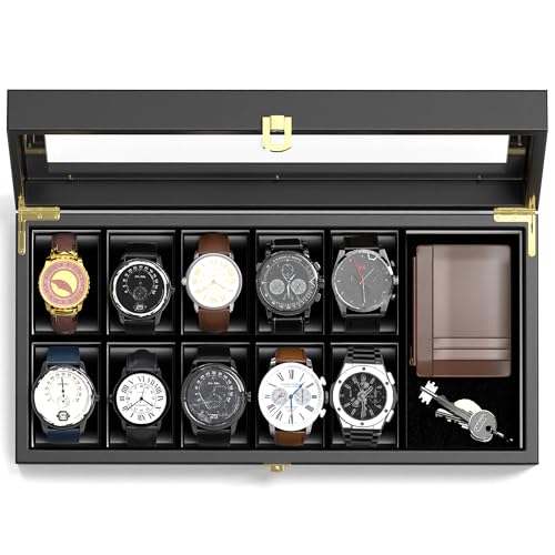 Image of Watch Box Organizer for Men, 10 Slot Watch Display Case With Glass Lid, Wooden Watch Storage Mens Watch Case, Watch Holder Organizer for Men Women -10 Slot, Black