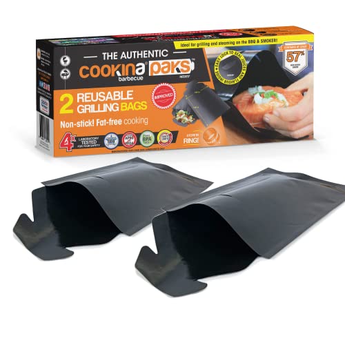 Cookina Paks Bbq Grilling Bag (Pack Of 2) -100% Non-Stick Pouch Steam Cook In Minutes, Easy To Clean And Safe For Smokers, As Well As Gas, Charcoal And Electric Barbecues, Flat, Black #TOP21
