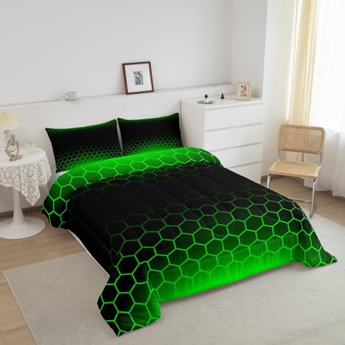 Image of Feelyou Green Black Ombre Honeycomb Comforter King Size for Boys Girls, Geometrics Hexagon Comforter Set Abstract Green and Black Bedding Set Hexagonal Duvet Set Microfiber Bed Set