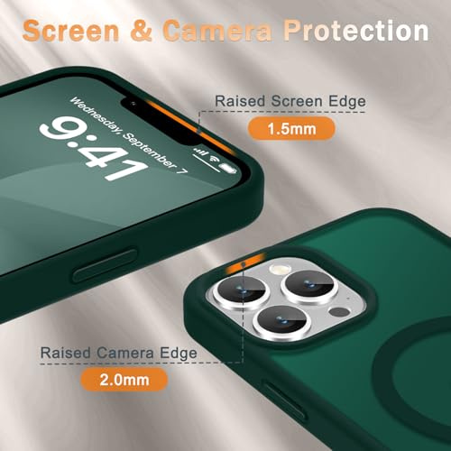 Image of YENAPOON for iPhone 13 Pro Max Case, Matte Magnetic Phone Cover [with 1 Screen Protector] [Support for MagSafe] [Shockproof Military Grade Protection] Translucent Frosted Back, Dark Green