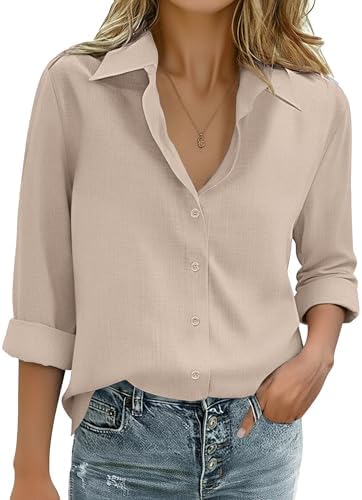 Zeagoo Womens Cotton Linen Button Down Shirts Loose Fit Long Slee...