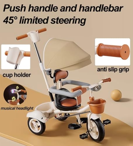 Kinderwagen für Kleinkinder mit Verdeck und Scheinwerfer,Sitz mit hoher Rückenlehne,Geländer und Sicherheitsgurt,Dreirad mit Schwenksitz,Kinder-Dreirad 2–6 Jahre,Titanräder,doppelte Hinterradbremse – Bild 7