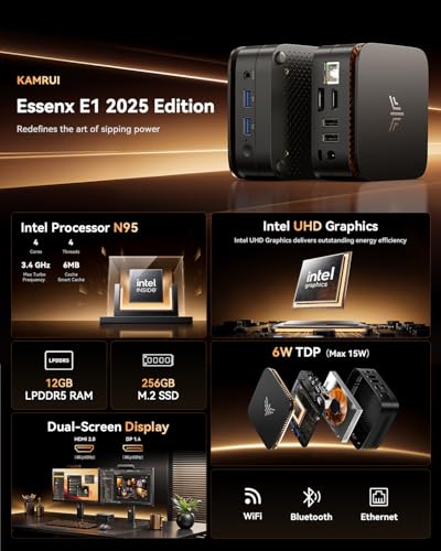 Image of KAMRUI Essenx E1 Mini Computer with N95 Processor, 12GB LPDDR5 256GB M.2 SSD Mini PC, Small PC Support Dual 4K, WiFi, Ethernet, Bluetooth, Mini Desktop PC for Business