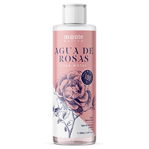 MonteNativo Agua de Rosas Natural 200 ml – Hidrolato de Rosas 100% Puro Doble Destilado por Vapor Ideal Como Tónico Facial, Relajante, Calmante, Antiedad - Agua Floral Para Iluminar Piel y Cabello