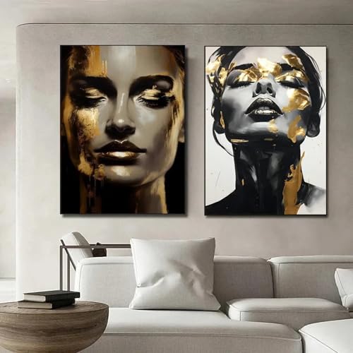 Toile portrait femme visage doré pour décoration salon abstrait chic moderne 70x100cm