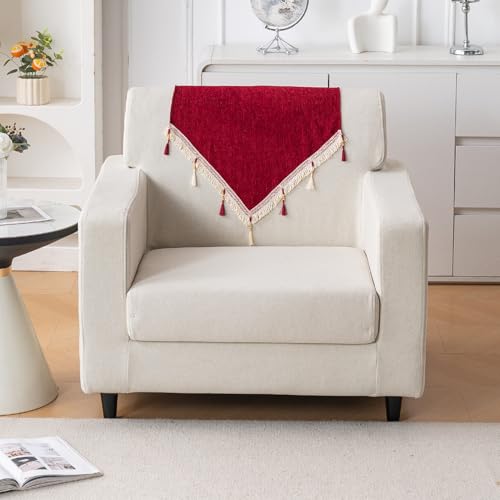 Image of HOKIPO 'Serenity Tassel' Chenille Sofa Back Cover with Tassels - 1 Pc Crimson Ruby (IN-894-MRN)
