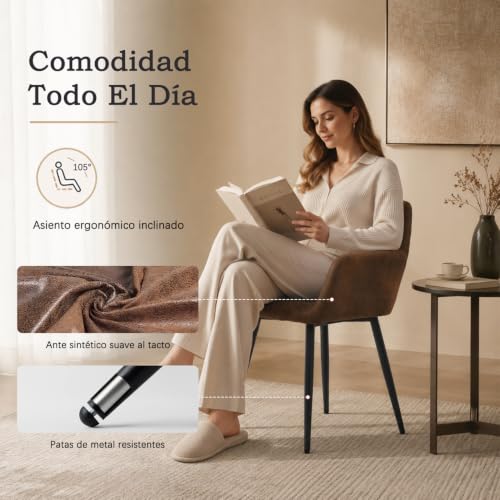 Miniatura 5 de Meuble Cosy Juego De 2 Sillas De Comedor Vintage Retro Sillón Tapizado En Gamuza Con Reposabrazos Patas Metálicas Para Cocina Salón, Marrón, 56x56x78cm, 2 Unidades