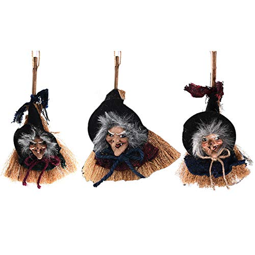 Nuxn 3pcs Hanging Animated Witch on Broomstick Halloween Decoration Witch Broom Doll Horror Hanging Flying Witch Figurine Ornaments for Patio Lawn Garden Party and Holiday Decorations