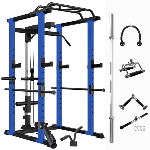 Multi Functional Power Cage, Home Adjustable Pullup Squat Rack 1000Lbs Capacity Comprehensive Fitness Barbell Rack with Gym Accessories 7ft Bar