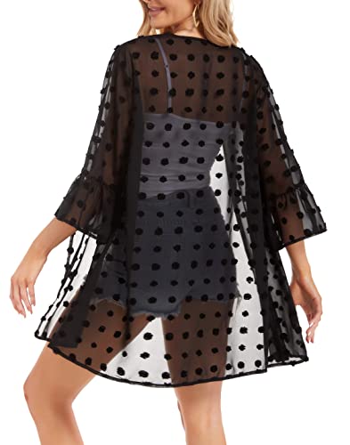Kimonos For Women Summer Cardigan Tassel Poms Sheer Chiffon Loose Casual Beach Cover Ups (Black,L) #TOP1