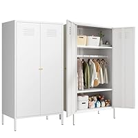 Fumedo Metal Wardrobe Coat Cabinet with Adjustable Shelves and Hanging Rod,Storage Closet Locker for Bedroom,Kids Room,Office, Home, School,Almirah for Clothes,Blanket. (2 Door Long Rod, White)
