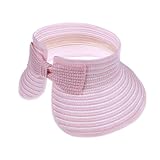 Girls Roll Up Straw Sun Visor, Wide Brim UV Protection Beach Hat with Bowknot and Adjustable Hook and Loop, Paper Straw, 4-Inch Brim(Pink&White Stripe)