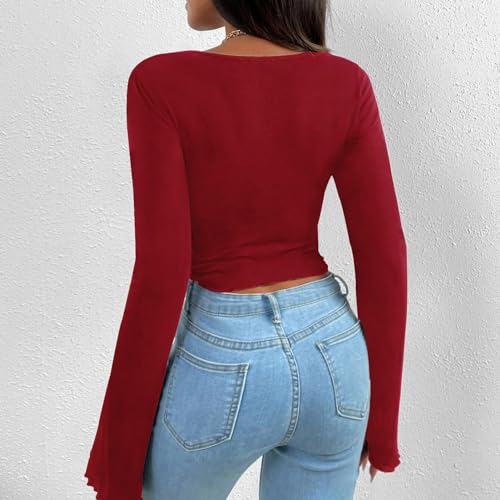 Blusa de Manga Comprida Com Decote Em V, Bainha Irregular, Adequada para a Pele, Feminina, Decote Em