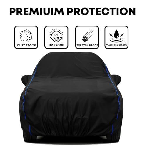 Image of Water-Resistant Dustproof Car Cover for Maruti Swift VXI - Mirror Pocket, UV Protection, Scratch Guard, Buckle Belt, Front & Back Bottom Elastic with Blue Piping - Black