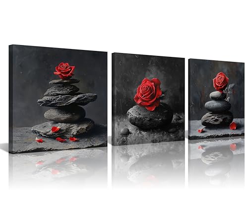 NAN Wind 3 Piece Black and White Red Rose Flowers Wall Art Zen Pebble Stone Giclee Print Framed Artwork Zen Canvas Prints Calm Peaceful Still Life Floral Picture Modern Meditation Spa Room Wall Decor