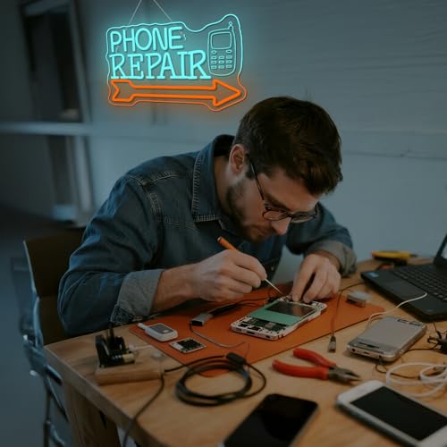 Image of Looklight Phone Repair Neon Sign Arrow Neon Lights for Wall Decor Blue Orange Led Lights for Mobile Phone Repair Shop Business Cellphone Repair Shop Decorations