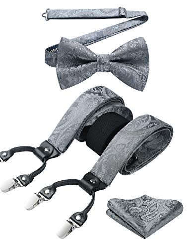 HISDERN Hosenträger für Herren Paisley Y Form und Längenverstellbar Hosenträger mit 6 starken Clips und Fliege mit Einsteckuch