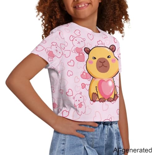 Image of Cute Crop Tops for Girls Short Sleeve Summer T Shirts Fashion Graphic Tees Crew Neck Pullover Tee 5-14 Years