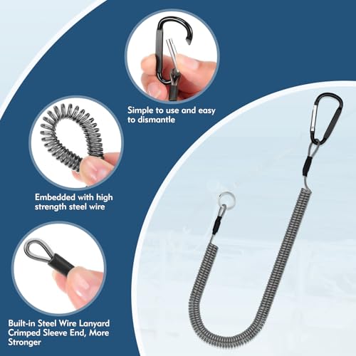 4Pcs Heavy Duty Fishing Lanyard, Retractable Tool Lanyard, Steel Wire Coiled Lanyard, Kayak Fishing Accessories, Fly Fishing Tools, Fishing Gear Lanyard Tether Accessories with Alloy Carabiner Clip - Thumbnail 4