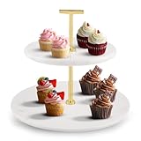 Supabon 2-stöckiges weißes Marmor-Tablett mit goldfarbenem Metallständer – Serviertablett für Desserts, Gebäck, Cupcakes, Arbeitsplatten-Dekor-Präsentationsständer, abnehmbare weiße Marmorplatten mit