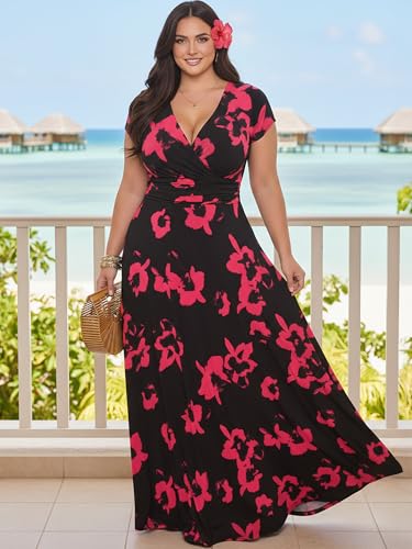 Image of KOH KOH Womens Short Cap Sleeve Summer Floral Print Long Casual Maxi Dress