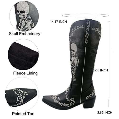 Sungtin Skull Embroidery Cowboy Boots for Women, Vintage Point Toes Chunky Heels Pull On Western Mid Calf Boots3