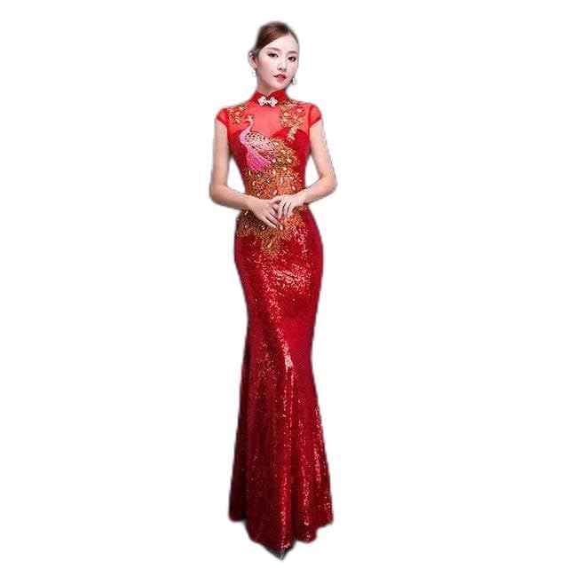 MOOCO MORNING Verde Bordado Diamantes Lentejuelas Oriental Vestido De Noche Mujeres Elegante Tailing Chino Cheongsam Bata Chinoise Femme