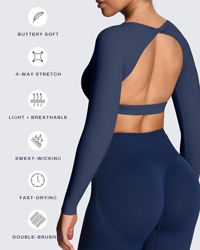 Image of Aoxjox Women's Define Sculpt Long Sleeve Crop Tops | buttery soft fabric,curved hem,hollow back, low support, removable pads, workouts,yoga,gym, daily wear