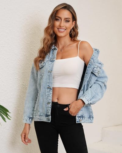 Kedera Pearl Beaded Denim Jacket for Women Button Down Oversized Jean Jacket Distressed Long Sleeves Cropped Casual Coat4