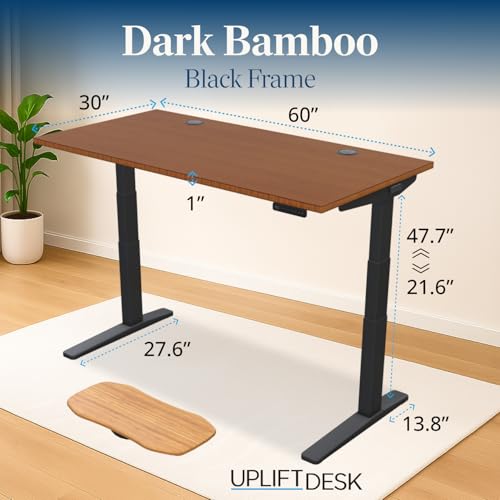 Image of UPLIFT DESK Dark Bamboo (60 x 30 inch) Standing Desk 2-Leg V3 Adjustable Stand Up C-Frame (Black), Advanced Keypad, Wire Grommets, Wire Tray, Rocker Board