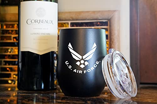 Military Gift Shop Air Force Steel Stemless Wine Glass Tumbler, 12 Oz Double Wall Vacuum Insulated Whiskey Tumbler With Usaf Logo And Lid #TOP2