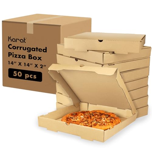 Karat Pizza Boxes 14' x 14' x 2' [50 Pack] Kraft Corrugated Boxes | Ventilated, Grease-Resistant, Durable for Pizza, Catering or Shipping Use