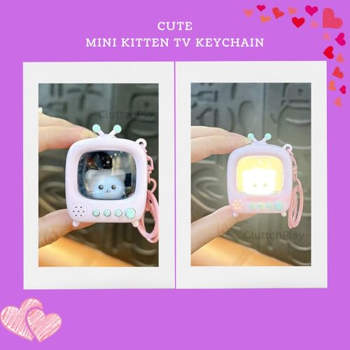 Image of Cute Retro TV Cat Keychain with LED Glowing Night Light Miniature Animated Doll Pendant Backpack Charm Cartoon Keyring Birthday Gift for Kids Friends (Mini TV)