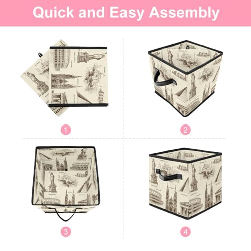Boîte de rangement pliable vintage cube en tissu imprimé monuments
