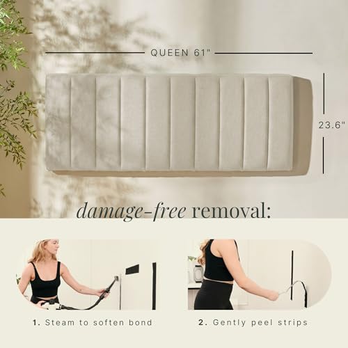 Image of Hearth & Harbor Wall Mounted Queen Headboard Only, Bed Headboard Queen Size | Easy Assemble, Floating Peel and Stick, Upholstered, Channel Stitched, 3D Wall Panels, 5 Strips of 3M Tape Included, Linen